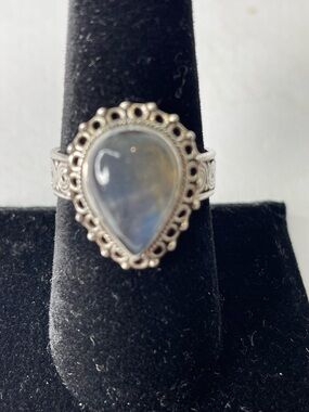 Sterling Silver Teardrop Opal Ring - Iridescent Rainbow Moonstone -Size 8.25